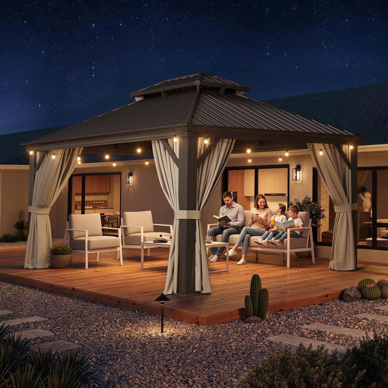 Pavillon de jardin d'extérieur à toit rigide 14 'x 12' avec toit et rideaux en acier galvanisé, 14 pi x 12 pi