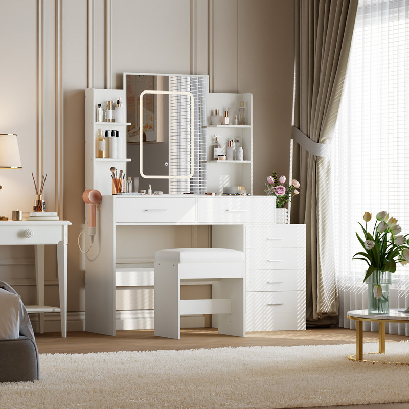 Ensemble de coiffeuse avec miroir lumineux à DEL, éclairage réglable à 3 modes, station de charge, Blanc