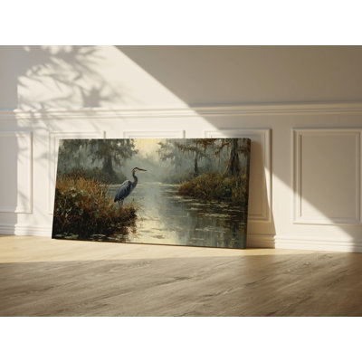 Great Blue Heron River Landscape Canvas Wall Art Misty Swamp Wildlife Decor