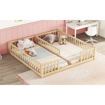Lit double double au sol avec garde-corps - Fabriqué à partir de matériaux solides pour une clôture naturelle confortable et des espaces de couchage limités et fiables