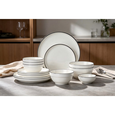 Service de table en porcelaine pour 6 personnes, 18 pièces (assiettes et bols), compatible micro-ondes et lave-vaisselle, résistant aux égratignures et aux égratignures grâce à son bord renforcé, blanc.