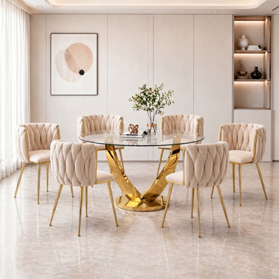 7-Piece Round Glass Dining Table Set, with 6 Upholstered Velvet Chairs