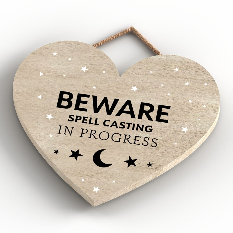 Witch Beware Spell Casting Wooden Heart Plaque, Brown
