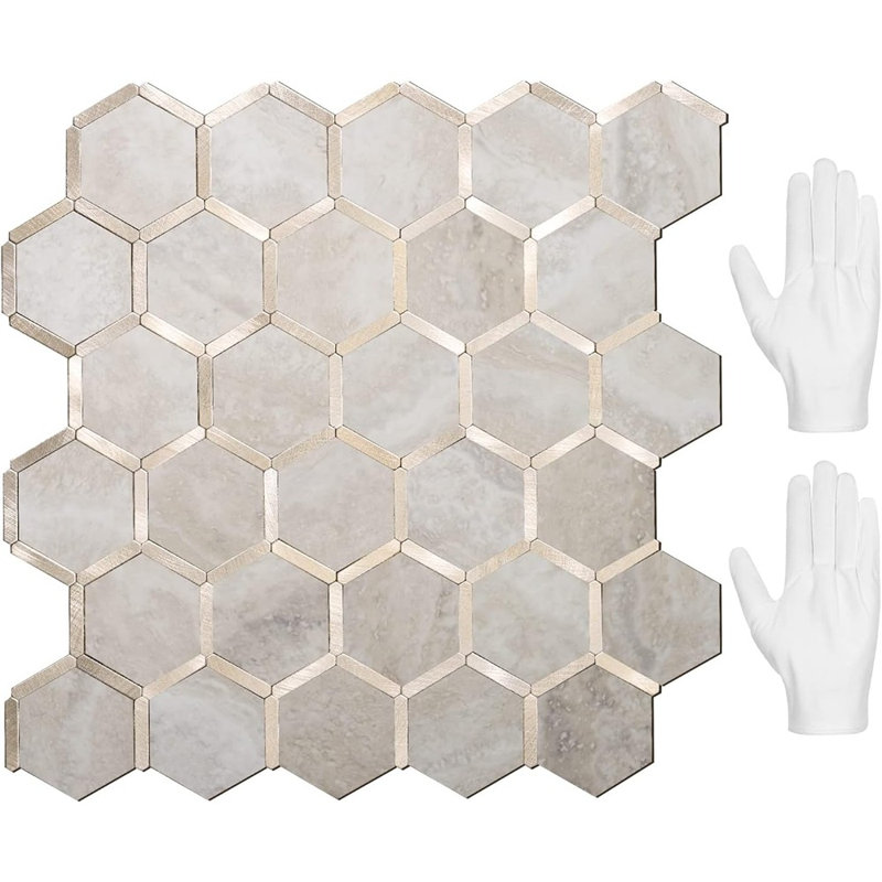 Beige Marble Hexagon Peel and Stick Backsplash Tiles, Gold Accent Self Adhesive Decorative Wall Covering