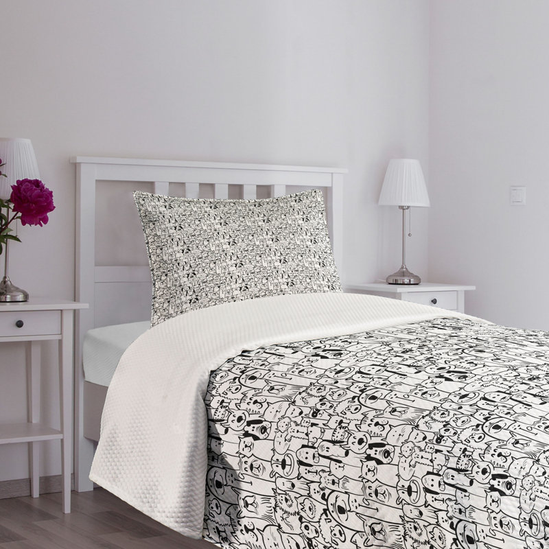 Ambesonne Ambesonne Dogs Bedspread Set Monochrome Doodle Art Animals Charcoal Grey and White