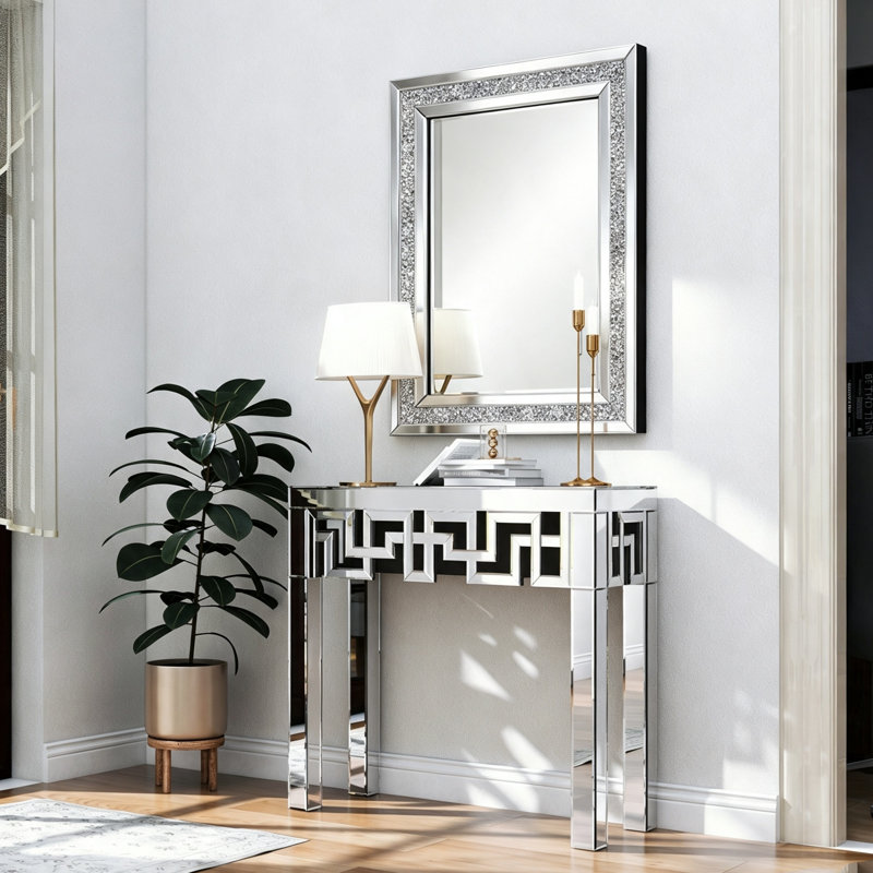 80cm Diamond Accent Mirror and 80cm Geometric Mirrored Console Table Entryway Set
