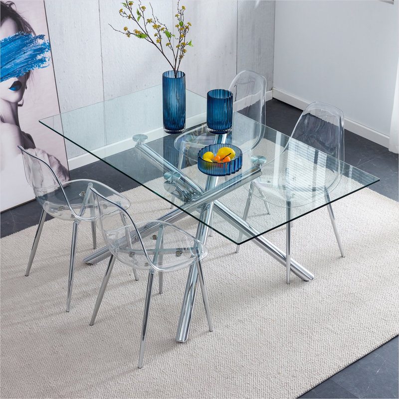 Ensemble de 6 chaises d'appoint pour la salle à manger, siège en plastique transparent avec pieds en métal argenté doux, conception moderne sans accoudoirs, l 17,3 po x H 32,7 po