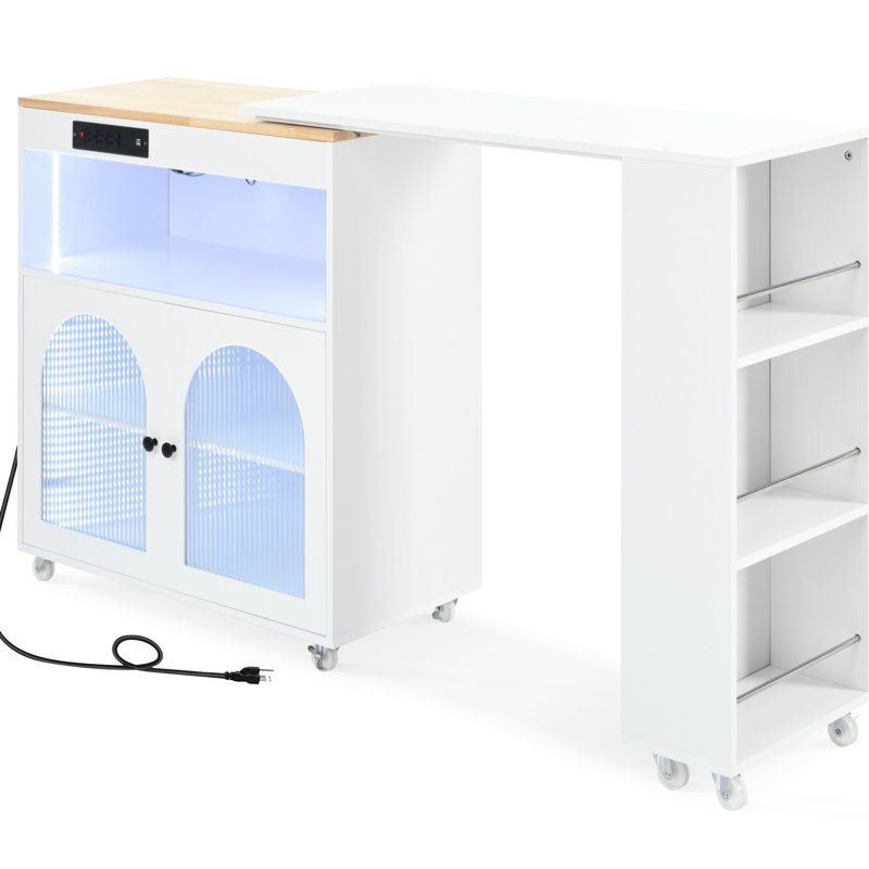 Îlot de cuisine roulant avec lumières DEL, portes en verre cannelé, blanc, élément classique - éclairage, prises de courant, 2 blanches