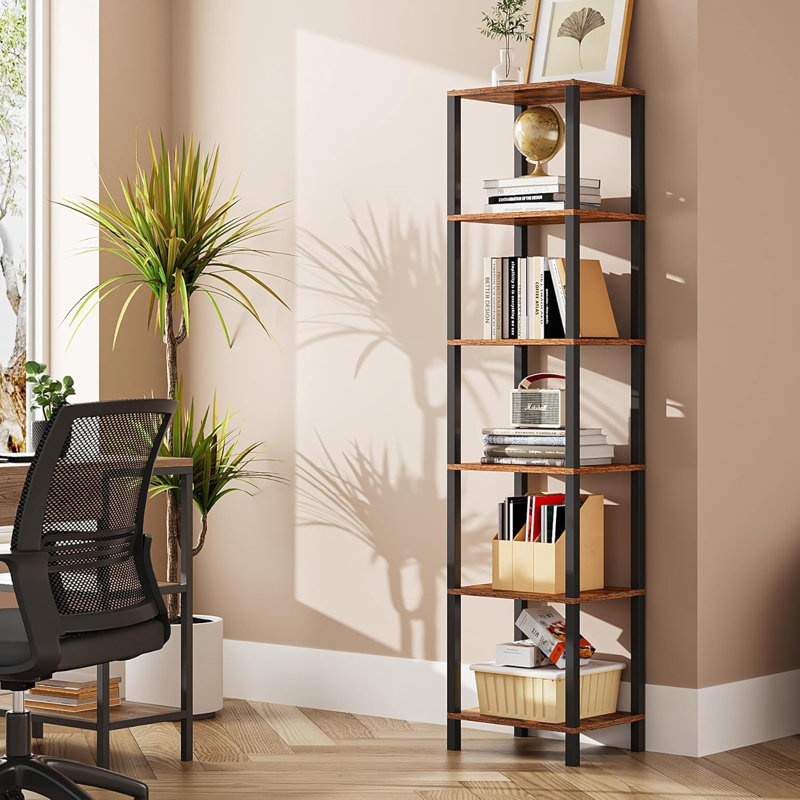 6-Tier Tall Bookshelf For Small Spaces, Narrow Stackable Bookcase With Adjustable Feet, Industrial Style Storage Shelf For Living Room, Office, Study, Entryway