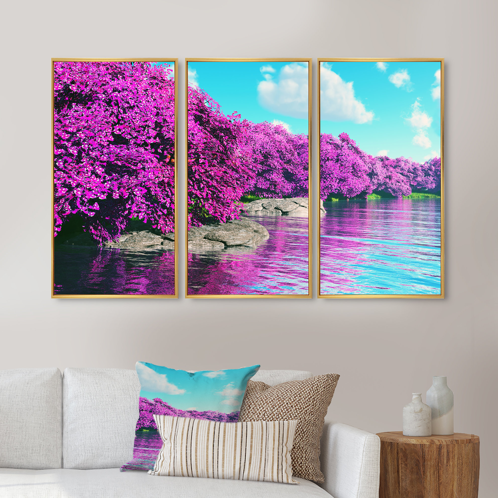 Oliver Beautiful Row Of Cherry Blossoms Framed On Canvas 3 Pieces Print Wayfair