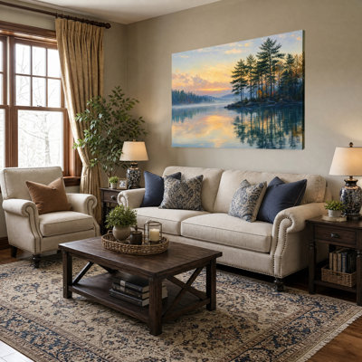 Impasto, peinture à l'huile, lever du soleil, lac, pin, île, eau, réflexion, brume douce, montagne, ciel pastel, impression sur toile, art mural, plat, rustique, nature, salon, décoration, peinture