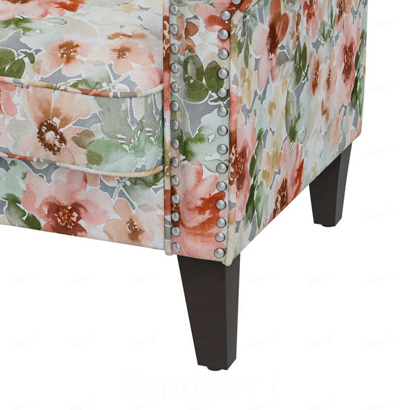 Chaise d'appoint en orange pastel et vert floral avec pieds en bois massif, Vert/rouge