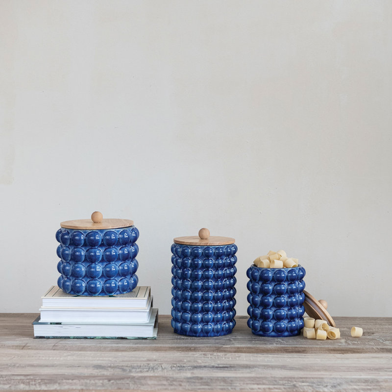 Zeppelin Stoneware Raised Kitchen Canister, 8.25" H x 8.25" W x 8.25" D, Navy/Natural