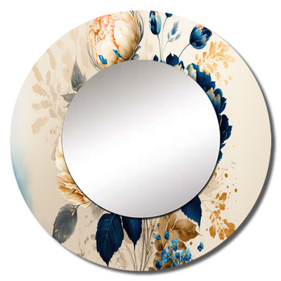 Pasqualine Blue And Gold Floral Bunch II - Floral Wall Mirror, Blue Round Decorative Mirror, Printed Metal Art