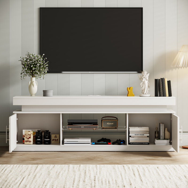 Meuble télé 59 po avec lumière DEL RVB et station de charge, console multimédia pour téléviseur de 65 po ou moins, Blanc