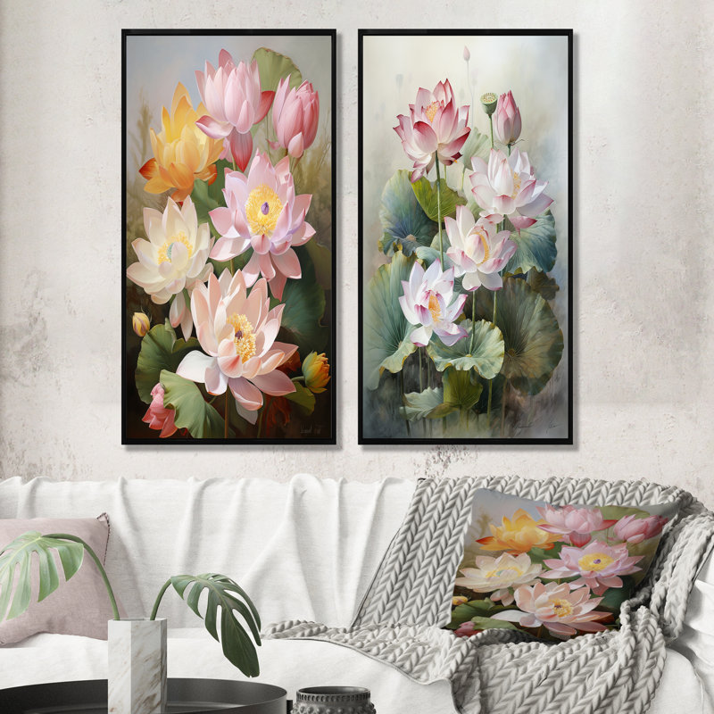Lotus Exquis Bouquet - lot de 2 impressions sur lotus, Cadre noir, H 40 po x l 41 po