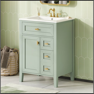 Meuble-lavabo vert 24 po avec lavabo, panneau de fibres à densité moyenne et bois d'hévéa, 3 tiroirs, armoire, rangement de porte à 2 niveaux, fermeture en douceur, conception moderne pour les petites et moyennes salles de bain