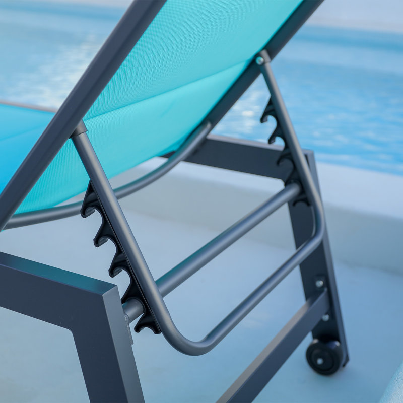 Outdoor Powder Coated Aluminum Chaise Lounge Set, Black Frame/Turquoise Blue Cushion