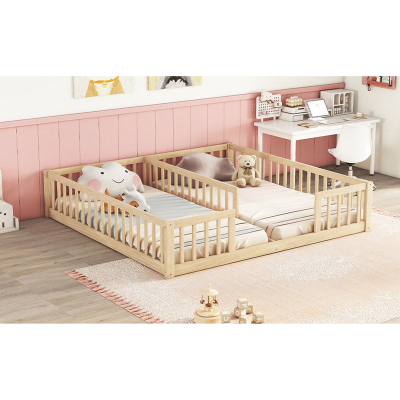 Lit double double au sol avec clôture - matériaux de construction pour une bonne nuit de sommeil, Naturel