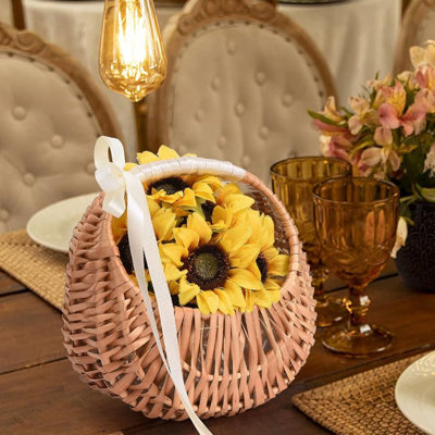 1pcs Flower Baskets W/handle And Ribbon Bow,handwoven Flower Baskets, Flower Basket Woven Rattan Basket, Half Moon Willow Flower Arrangement Basket