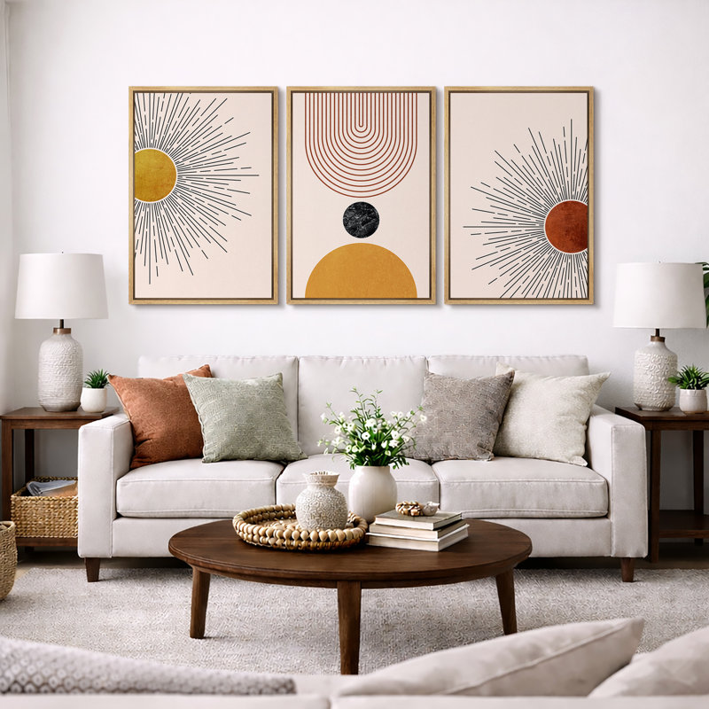 «Mid Modern Modern Boho», œuvre d'art rétro nordique, rouge et jaune éclatant, photos abstraites du salon au soleil, impression sur toile encadrée, 3 pièces