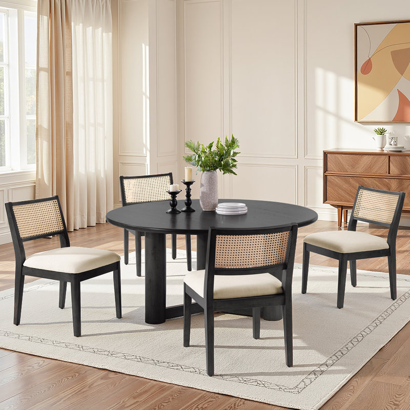 Demetruis 20''W Coastal Solid Wood Dining Chair with Rattan Backrest(Set of 4), Black