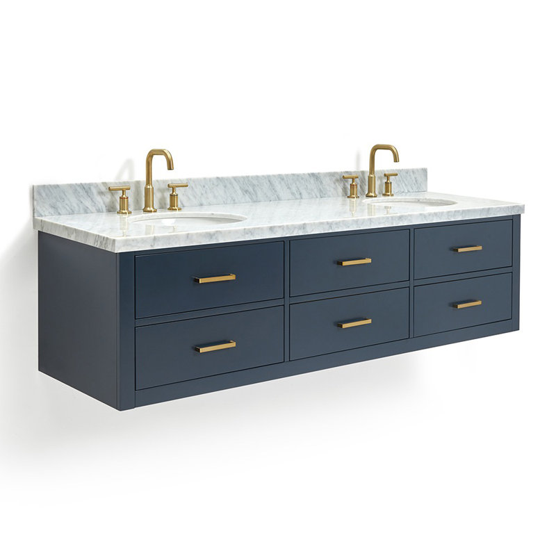Ensemble de meuble-lavabo double mural 73 po Macmullin, Bleu minuit, Laiton satiné, Quartz blanc pur