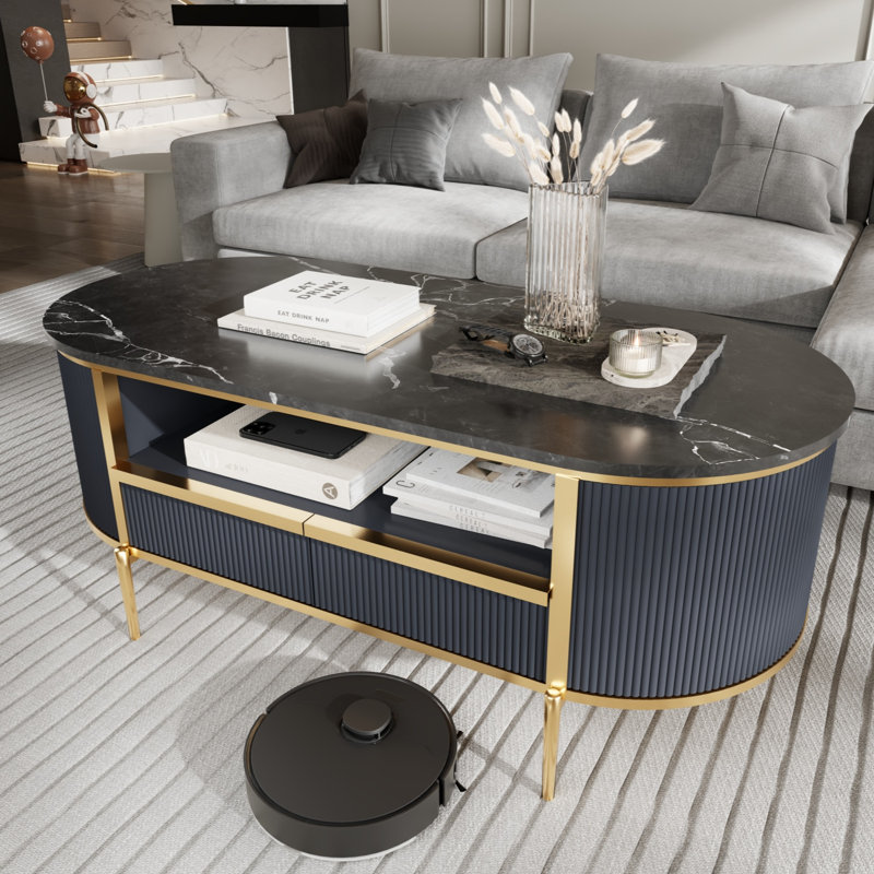 48" Luxury Faux Marble Coffee Table With Curved Fluted Design, Black/Navy
