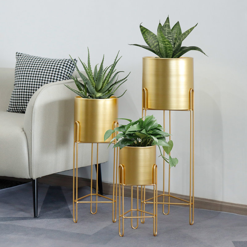 Tuller 3pcs Planters With Stand Indoor Outdoor Gold Planters, Gold