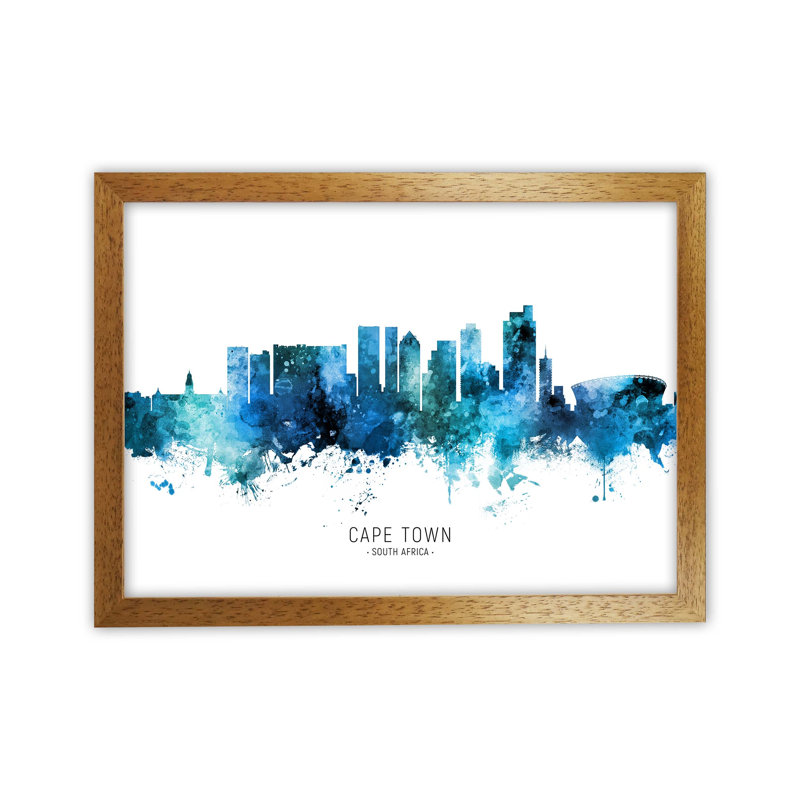Cape Town South Africa Skyline Blue City Name by Michael Tompsett - Print, Oak Framed, 25cm H x 34cm W x 3cm D