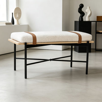 Upholstered Entryway Bench With Removable Boucle Cushion, Vegan Leather Straps, And Matte Black Metal Legs