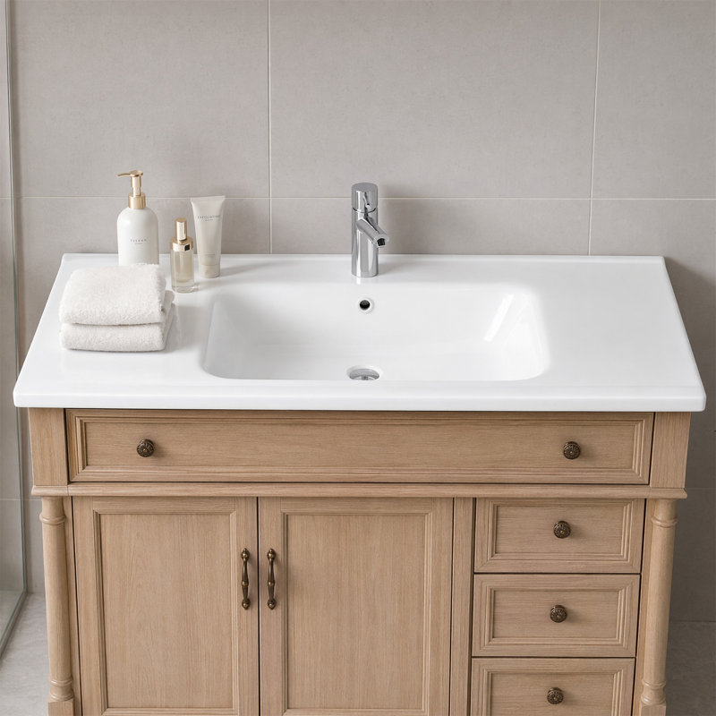 Lavabo de salle de bain encastré en céramique blanche 35,6 "avec trop-plein, trou de robinet simple