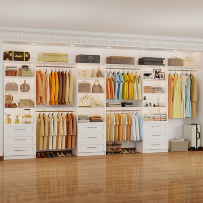 9-17FT Closet System With 9 Wooden Drawers, 9 Expandable Rods & Adjustable Shelves(Cut To Fit), Max 203.22" Closet Organizer System, 3 Sets