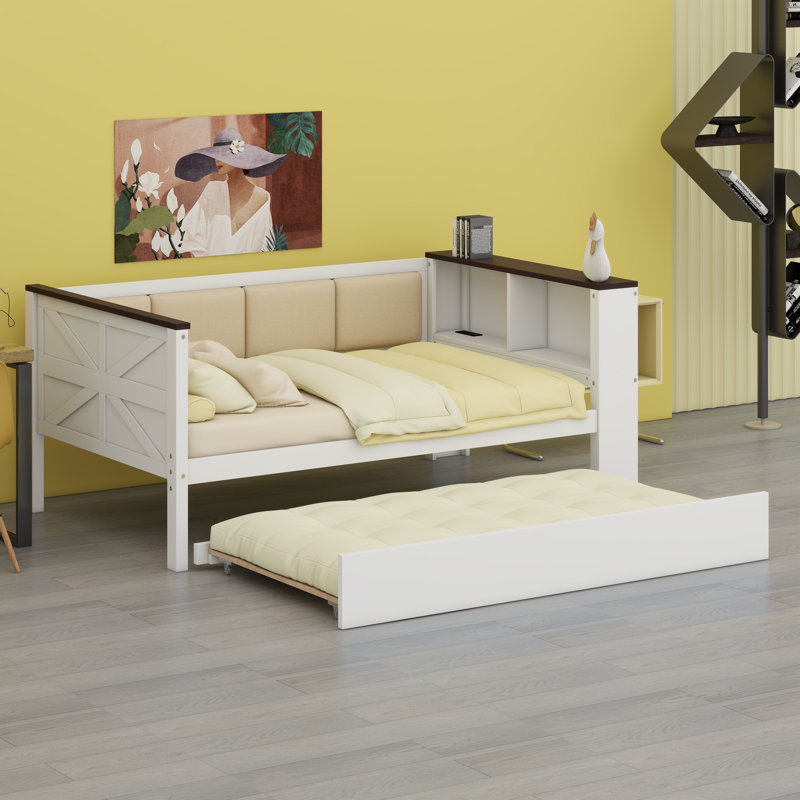 Space-Saving Wood Daybed With Storage Shelves, Comfortable Upholstered Backrest, USB Port & Roll-Out Trundle Bed, Twin