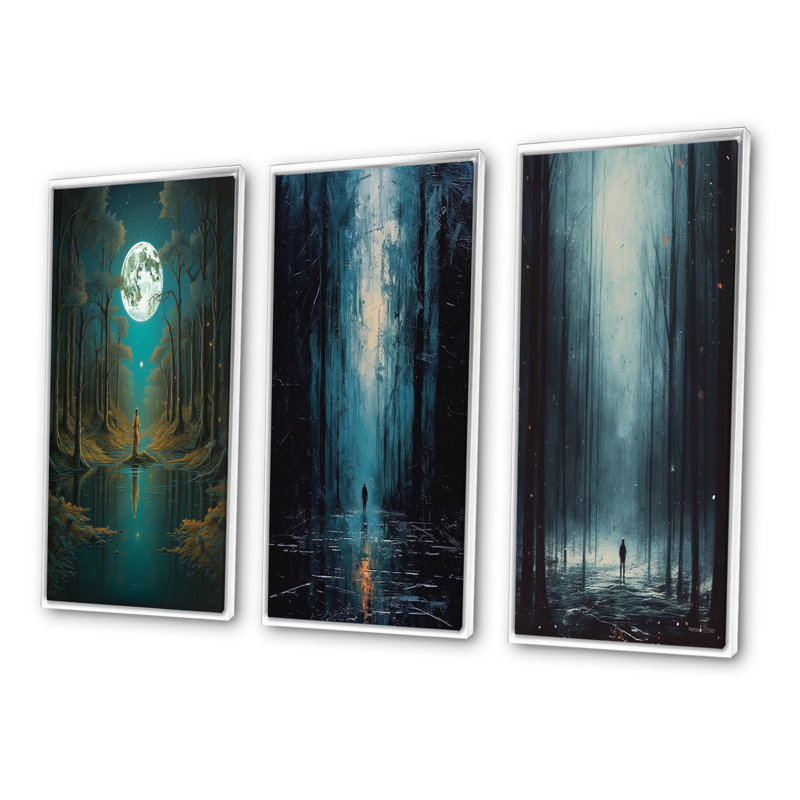 «Solitude Full Moon Wandering Endless Forest», 3 pièces, Cadre flottant blanc, H 36 po x l 20 po