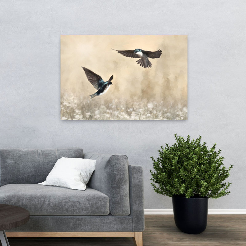 Danse des hirondelles, art d'oiseau contemporain, H 32 po x l 48 po