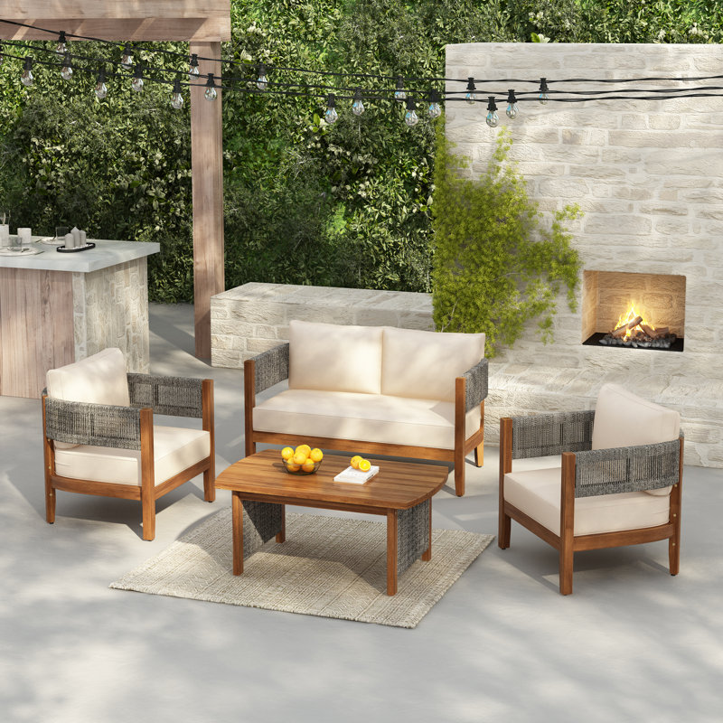 Mulero Outdoor 4-Piece Acacia Wood Conversation Set With Woven Rope & Cushions