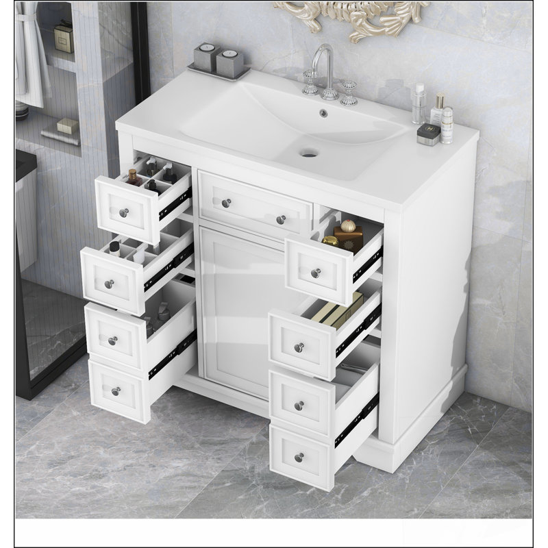 Meuble-lavabo de salle de bain avec lavabo et 6 tiroirs - Structure en bois massif, lavabo en céramique, tablettes réglables et cloisons