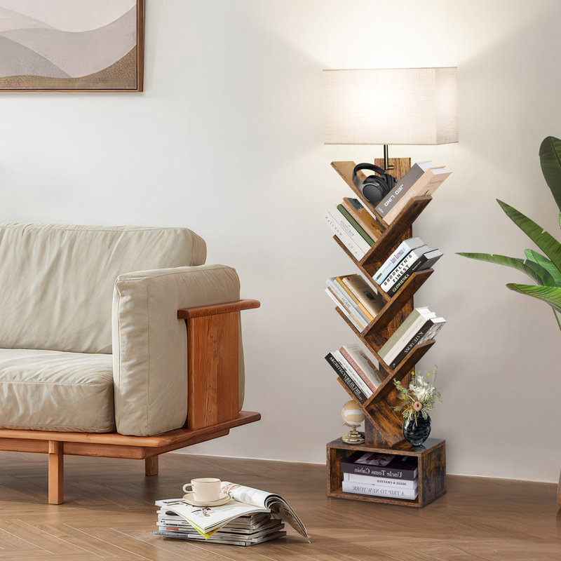 Sindel 6-Tier Tree Bookshelf With Lighting and Remote Control, Rustic Brown