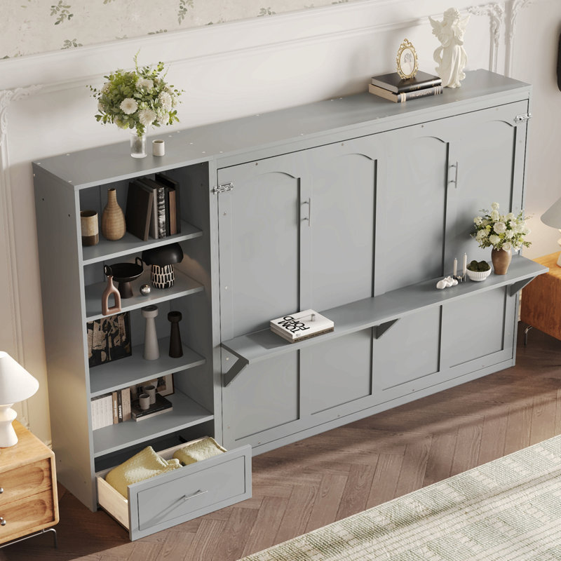 Queen Size Murphy Bed With Height Adjustable Storage Compartments And Shelf, Wall Bed Frame With 1 Drawer, Multifunctional Foldable Platform Bed For Bedroom,Guest Room