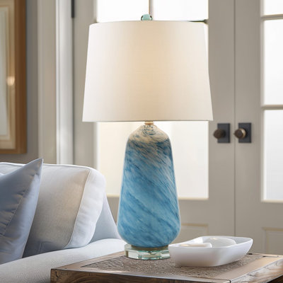 Elegant Blue Confetti Glass Table Lamp with Acrylic Base and White Drum Shade