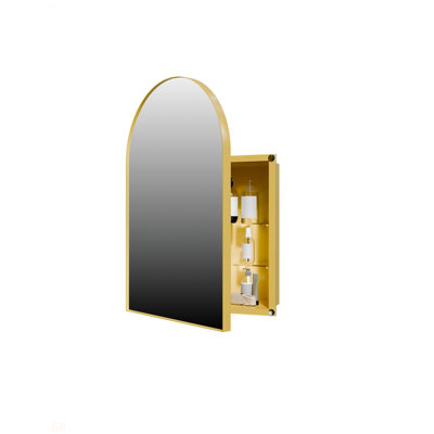 18X24 Inch Metal Corner Medicine Cabinet With Arched Mirror, Adjustable Glass Shelves, Space-Saving Bathroom Storage Organizer For Small Spaces, Matte Gold