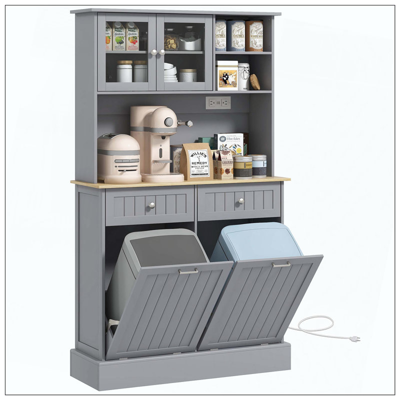 Armoire de cuisine avec station de charge, 2 armoires à ordures inclinables et support pour micro-ondes, huche de cuisine autoportante avec portes en verre et tablette réglable
