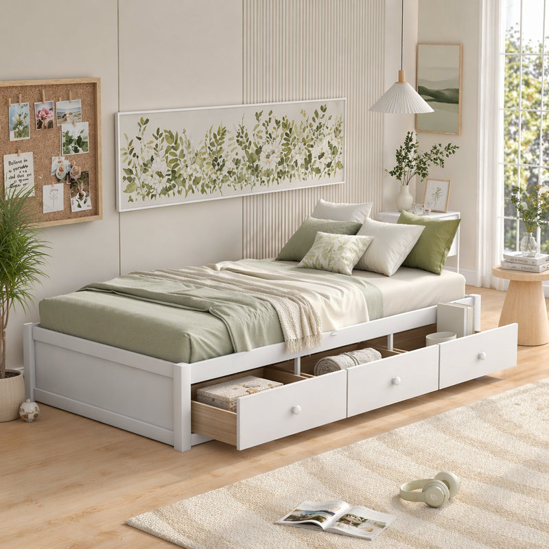 Lit plateforme simple avec rangement et 3 tiroirs, Blanc