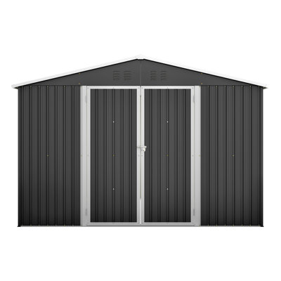 10X10 Ft Outdoor Metal Shed With Lockable Doors. Galvanized Steel. Ventilation Openings & Waterproof Roof. Black. For Lawn, Backyard, Patio Use Storage Shed. Doors, Structure. Steel, Ventilated,