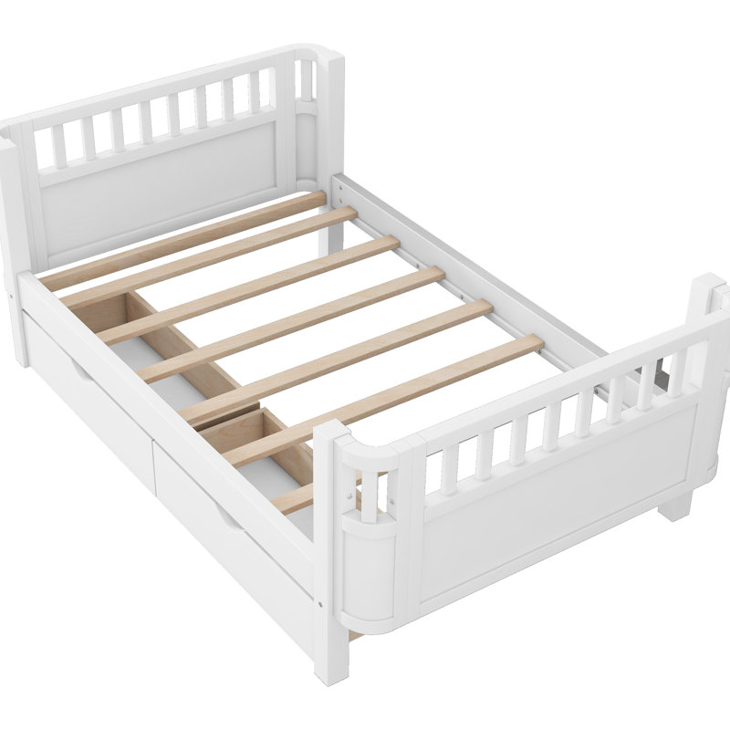 Lit simple blanc pour et, avec beaucoup de rangement, tête de lit à profil bas, une belle plateforme de sommeil, design, avec clôture à tiroirs de rangement, différents styles de pièces