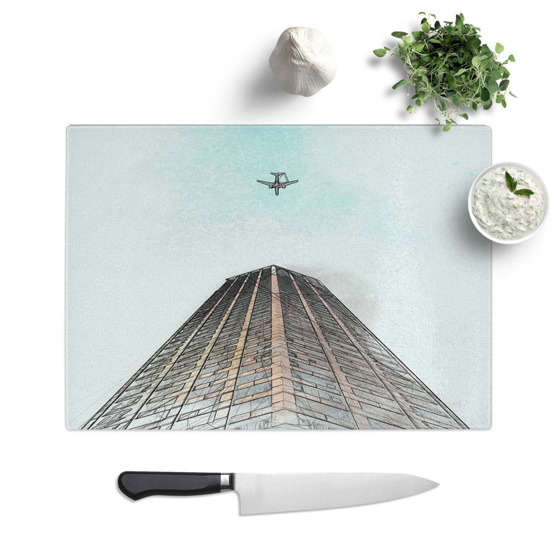 Tempered Glass Airplane Flying Above Tokyo Chopping Board, 28.5 cm W x 20 cm L