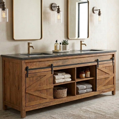 84 po Meuble-lavabo double de style campagnard en bois naturel avec plateau en marbre noir assemblé