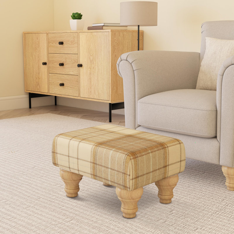 Tartan Material Large Footstools Tartan - Grey - Wood Turned Leg, Natural
