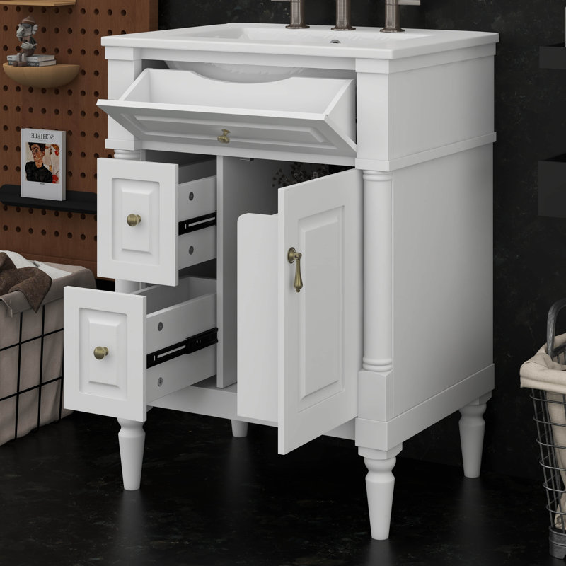 Ensemble de meuble-lavabo 24 po avec lavabo, ensemble de meuble-lavabo autoportant avec tiroir rabattable, 2 tiroirs et tablette réglable
